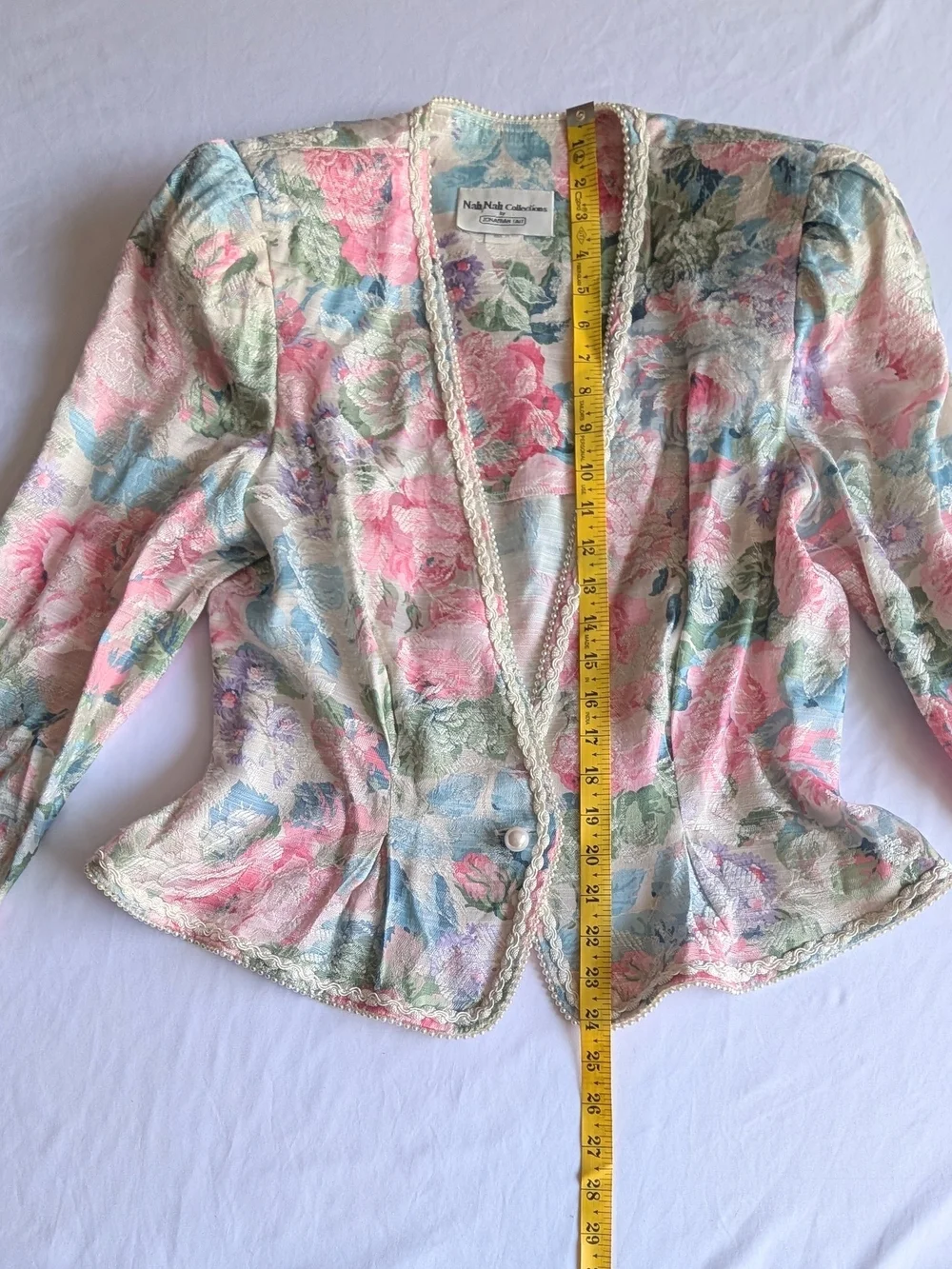80s Vintage Coquette Floral Pastel Peplum Jacket With Pearls Pink/Blue/Green - Picture 6 of 8